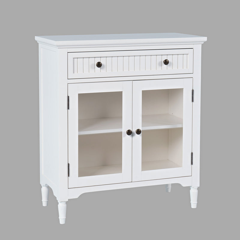 Jofran Westport Glass Accent Cabinet with Beadboard Drawers