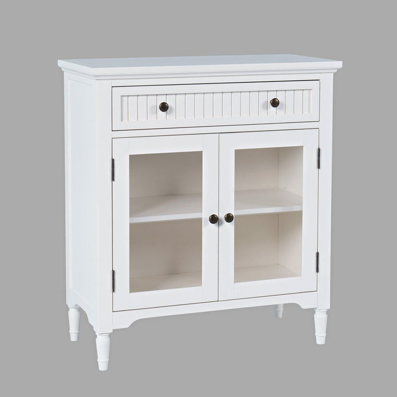 Jofran Westport Glass Accent Cabinet with Beadboard Drawers