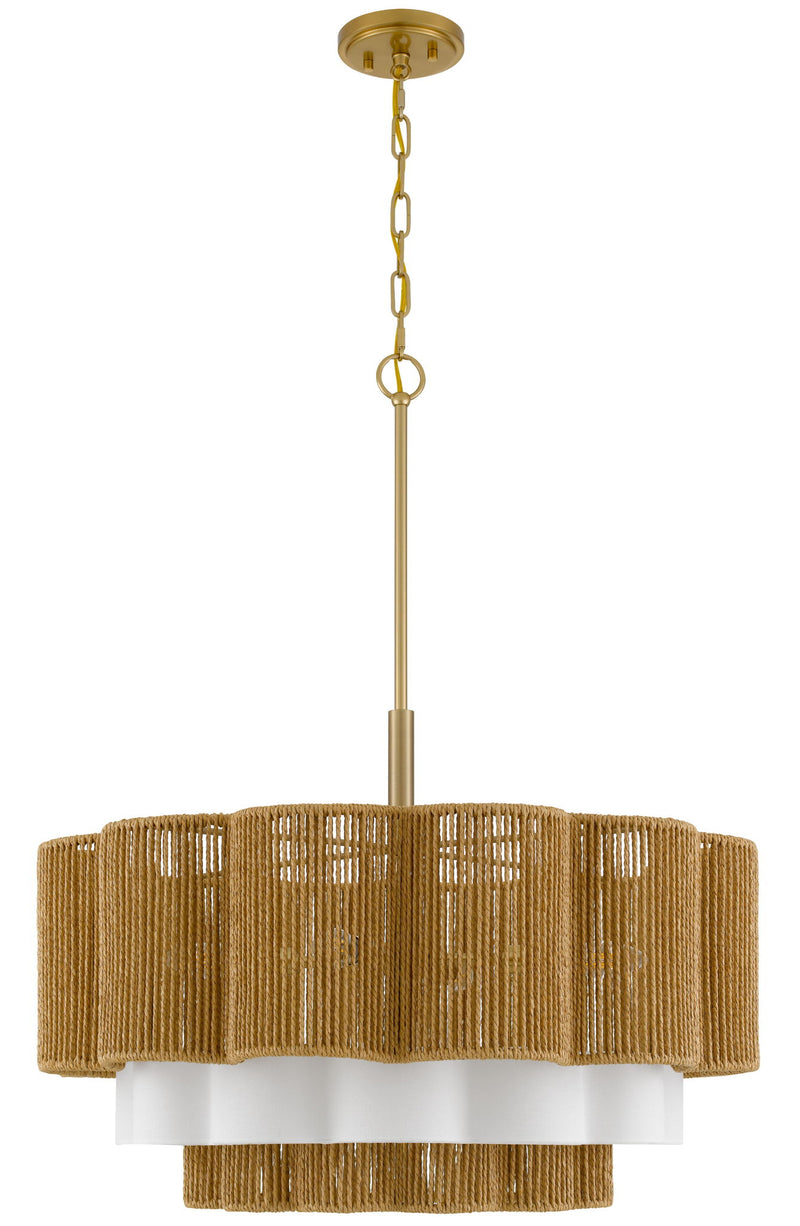 Rivo - Metal Chandelier - Antique Brass With Woven Burlap Shade