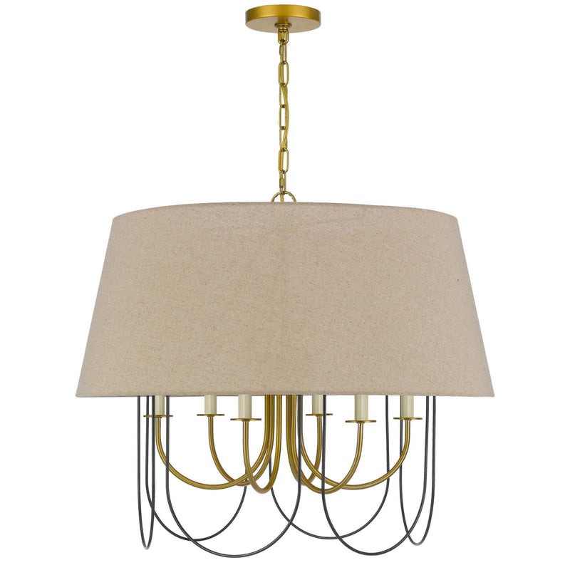 Eupora - 60W X 6 Metal Chandelier With Burlap Shade - Antique Brass / Black