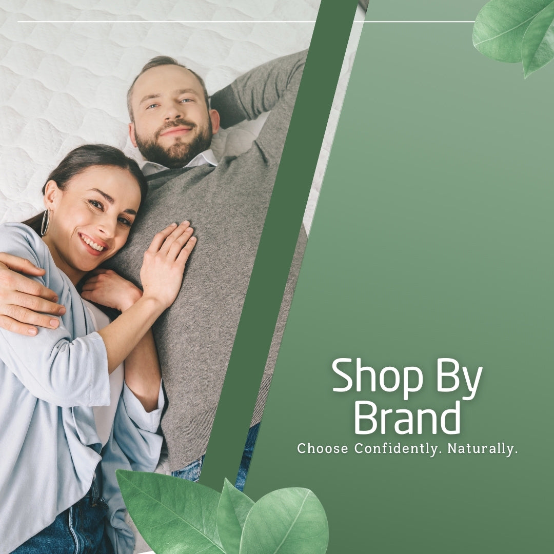 shop by comfort banner of two people laying on mattress.