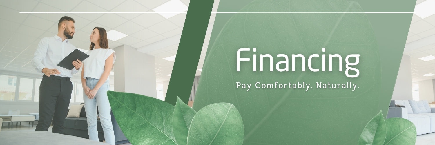 financing banner of two people inside mattress and furniture store holding a clipboard.
