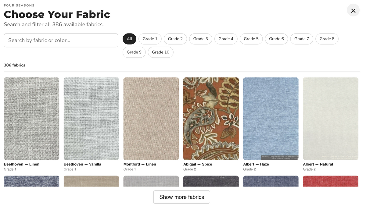 Four Seasons fabric selector showing fabric choices and grades