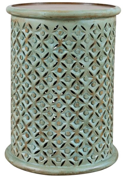 Nan Jofran Global Archive Turquoise Distressed Wood Lattice Drum Table by Jofran Inc.
