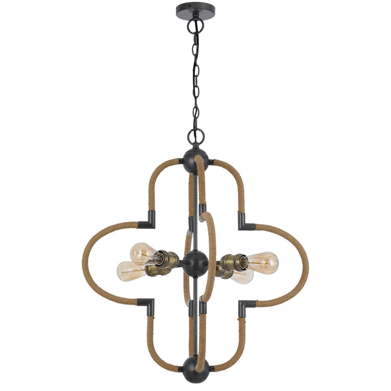 Tahoka - 60W X 4 Metal Chandelier With Burlap Wrapped Frame - Burlap / Black Iron / Antique Brass